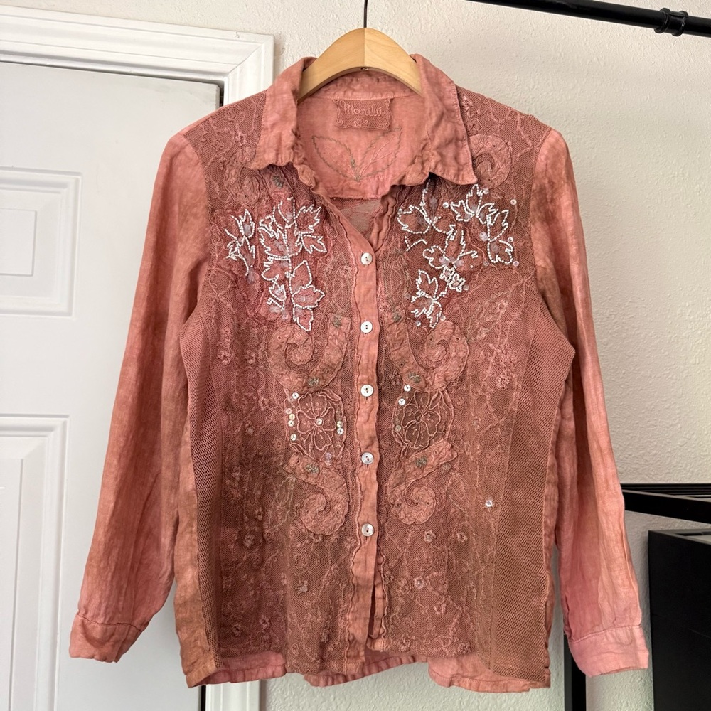 MARILU peach salmon pink linen mesh y2k button up dyed‎ shirt blouse